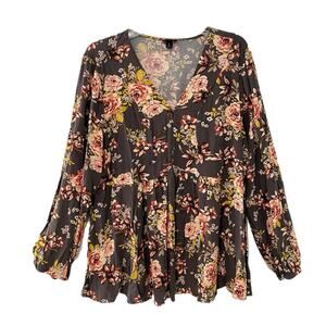 Torrid Womens Babydoll Blouse Size 2 2X Floral Brown Long Sleeve V Neck